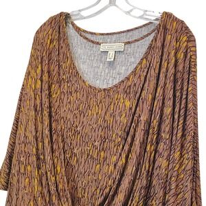 The Muses Lounge Brown Yellow Abstract Print Dolman Sleeve Ruched Waist Top‎ XL